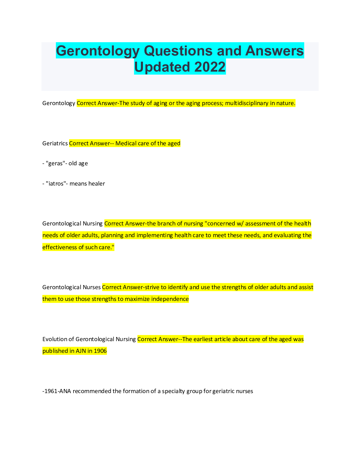 Preview image for Gerontology Questions and Answers Updated 2022